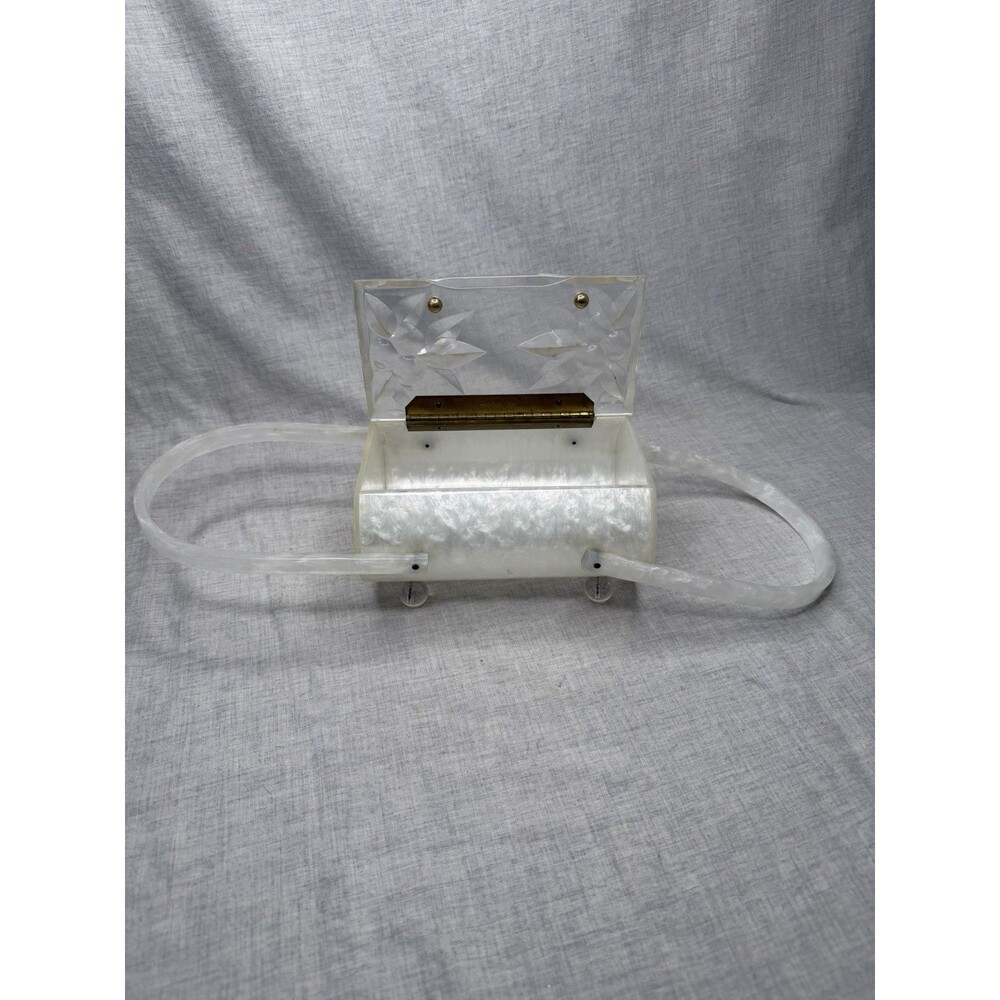 Vintage Rialto NY Lucite Purse white Pearl Clear Floral Lid Handbag Clutch 50’s - Picture 2 of 11